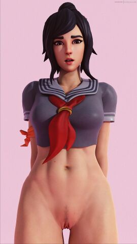 3d 3d_(artwork) abs belly bottomless darkbahamuth female fortnite pinup pubes school_uniform schoolgirl teenage_girl teenager tsuki_(fortnite) tummy