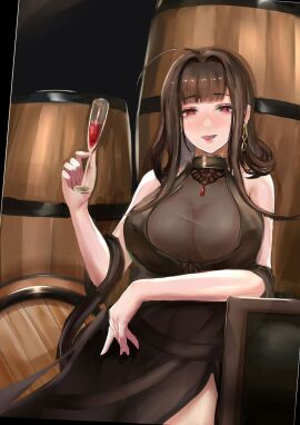 ahoge barrels black_dress breasts brown_hair comic complex_background digital_media_(artwork) dsr-50_(girls'_frontline) female girls'_frontline gold_earrings imminent_gore imminent_sex large_breasts leaning long_hair octa_(underbelly) red_eyes smile whisky_barrels wine wine_glass