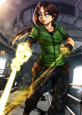 1girls army army_uniform belt black_pants black_shirt bluewolfartista blush breasts brown_hair building cartoony clothed clothed_female clothing earrings english_text female female_only gloves green_eyes green_jacket hero heroine hood human jacket laboratory leora_lightfoot light light-skinned_female light_skin long-haired_female long_brown_hair long_hair looking_away medium_breasts muscular muscular_female mutant need_a_hero pants ponytail scp-4818 scp_foundation solo solo_female solo_focus standing strong strong_female superhero superheroine superpowers text young young_female younger_female