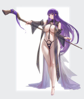 absurdres anklet bare_legs bare_shoulders barefoot between_breasts black_panties blunt_bangs blush breast_curtains breasts cameltoe cleavage cleft_of_venus closed_mouth covered_erect_nipples detached_sleeves female fern_(sousou_no_frieren) full_body grey_background highres holding holding_staff jewelry kryp132 large_breasts long_hair long_sleeves looking_at_viewer o-ring outstretched_arm panties purple_eyes purple_hair pussy revealing_clothes see-through see-through_clothing see-through_sleeves solo sousou_no_frieren staff standing toe_ring two-tone_background underwear very_long_hair white_background