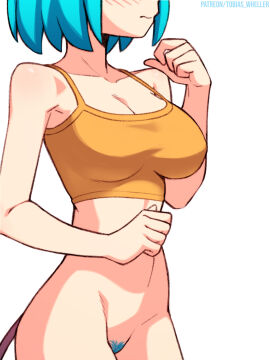 1girls alternate_version_available big_breasts blue_hair bottomless breasts crop_top demon demon_girl demon_tail exposed_pussy female female_only light-skinned_female light_skin original pubic_hair pussy shirt short_hair solo solo_female synn_(tobias_wheller) tagme tail tank_top tobias_wheller topwear