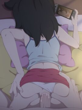 1boy anal black_hair blue_camisole camisole clothing_aside female grabbing_another's_ass groping highres kuroki_tomoko lying male medium_hair nintendo_switch on_stomach open_mouth panties panties_aside penis penis_in_ass pov pov_crotch pov_hands prone_bone red_skirt reflection rockset sex skirt straight uncensored underwear watashi_ga_motenai_no_wa_dou_kangaetemo_omaera_ga_warui! white_panties