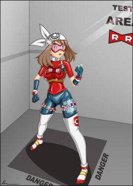 1girls bandana blue_eyes blue_pants boots breasts brown_hair capsule collar dragon_ball earrings enemy_conversion female female_only fully_clothed gloves holding_capsule hypnosis latex latex_boots latex_clothing latex_gloves latex_pants latex_shirt may_(pokemon) medium_breasts mind_control nintendo pants pokemon qr_code red-tinted_eyewear red_ribbon_army red_shirt rosvo rubber rubber_clothing shiny_clothes shirt short_hair tech_control thigh_strap tight_clothing tinted_eyewear visor