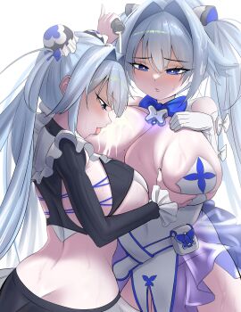 2girls absurd_res back back_view blue_eyes blue_hair blush breasts cleavage eyebrows_visible_through_hair female female_only goddess_of_victory:_nikke grabbing_breasts gretel_(nikke) hair_intakes hair_ornament hansel_(nikke) harbi holding_object huge_breasts incest licking_breast light-skinned_female light_skin long_hair mole mole_on_breast open_mouth pouring_liquid ribbon saliva sideboob sisters sweat twins twintails wet_breasts wet_skin white_background yuri