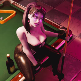 1girls 3d bandeau big_breasts billiard_cue billiard_table breasts breasts_squeezed_together cleavage eyewear_on_head female fortnite glowing_eyes leather_pants leather_topwear looking_at_viewer macklesternsfw nightsurf_bomber pink_skin ponytail purple_skin sitting