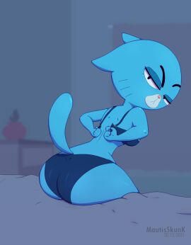 1girls 2021 absurd_res anthro artist_name ass bed bed_sheet bedding bedroom big_ass big_butt blue_body blue_bra blue_clothing blue_fur blue_panties blue_underwear blurred_background bra cartoon_network clothed clothing curtains domestic_cat felid feline felis female female_only fur furniture hi_res looking_at_viewer looking_back looking_back_at_viewer mammal markings mary_senicourt mature mature_anthro mature_female mautis_skunk milf narrowed_eyebrows narrowed_eyes nightstand on_bed open_bra panties sitting solo solo_female the_amazing_world_of_gumball unclasped_bra underwear underwear_only undressing unhooked_bra vase whisker_markings