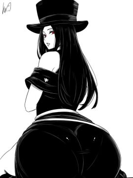 1other androgynous ass ass_focus big_ass black_hair clothed guilty_gear guilty_gear_strive hat long_hair looking_back lughost testament_(guilty_gear)