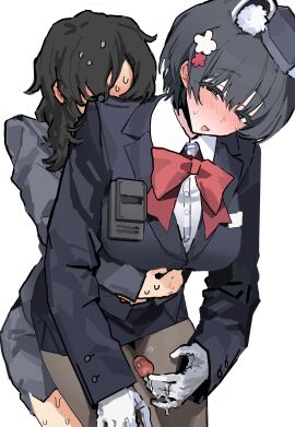1futa 1girls absurdres animal_ear_fluff animal_ears black_eyes black_hair black_jacket black_pantyhose black_skirt blue_archive blush bow bowtie breasts clothed clothing collared_shirt dialogue duo female female_sensei_(blue_archive) fully_clothed futa_on_female futa_with_female futanari garrison_cap gloves half-closed_eyes hat highres hug hug_from_behind human intersex jacket japanese_text large_breasts light-skinned_female light-skinned_futa light_skin long_hair long_sleeves mekyokyopon mostly_clothed multiple_females multiple_girls open_mouth pantyhose penis raccoon_ears red_bow red_bowtie sensei_(blue_archive) shirt short_hair skirt text textless_version thigh_sex thigh_sex_over_clothes tsubaki_(blue_archive) tsubaki_(guide)_(blue_archive) white_background white_gloves white_shirt