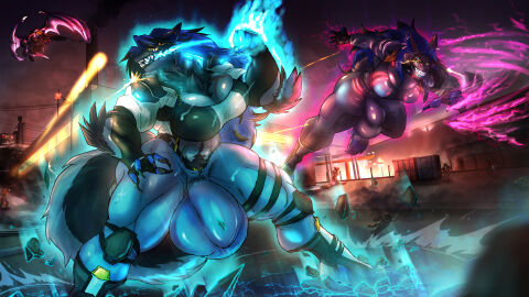 absurd_res ambiguous_gender anthro apode armor armwear aura autocannon battle big_bulge black_sclera body_hair boots bottomwear breasts building bulge bullet bulletproof_vest canid canine canis cannon clothed clothing cyberpunk darius_aurelius dariusaurelius debris detailed_bulge digital_media_(artwork) draconcopode dragon duo electricity energy fight fire fire_from_mouth footwear fox fur futanari generation_5_pokemon genital_outline gloves glowing glowing_eyes gun hair handwear happy_trail hi_res huge_bulge human hybrid hyper hyper_bulge intersex jacket jumping knee_pads led_light legless lightning lights male mammal mythological_creature mythological_scalie mythology naga nintendo one_piece_suit open_mouth penis penis_outline piercing pokemon pokemon_(species) powers ranged_weapon reptile scalie scar serpentine shockwave shoes shotgun smoke smoke_from_mouth snake swinging tail tight_clothing topwear vale_aurelius warehouse weapon wolf zoroark