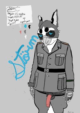 absurd_res animal_genitalia animal_penis anthro avian bird bodily_fluids bottomwear bottomwear_down canine_genitalia canine_penis clothed clothing cum cum_on_penis detailed digital_media_(artwork) east_germany genital_fluids genitals gryphon hi_res historical macro male military_uniform mythological_avian mythological_creature mythology officer pants pants_down partially_clothed penis realistic_anatomy rijix solo storm_the_gryphon_(rijix) uniform