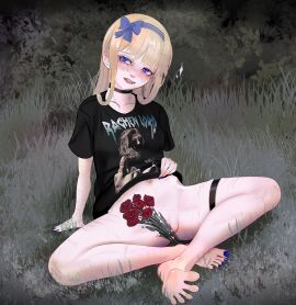 2d blonde_girl_(popopoka) blonde_hair blue_eyes blushing erika_(popopoka) female flowers foot_focus grass_field hairband no_panties rancidronin rose_(flower) scar scars_all_over self_harm_scars shirt solo