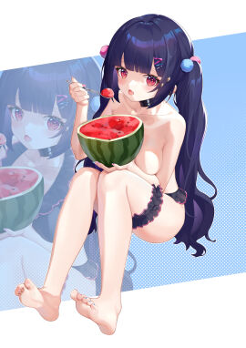 1girls aged_down alternate_body_type alternate_costume alternate_hairstyle bikini bikini_bottom blue_toenails blush breasts choker close-up cute eating eating_food eating_fruit eating_watermelon feet female female_only food frilled_bikini fruit genshin_impact hairclip holding holding_food holding_fruit holding_object holding_spoon holding_watermelon knees_up large_breasts nail_polish open_mouth painted_nails painted_toenails pink_nails sitting soles spoon swimsuit toenail_polish toes topless twintails watermelon watermelon_slice yun_jin_(genshin_impact)