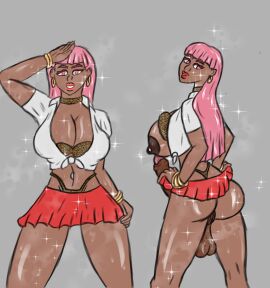 artist_upload ass balls big_ass big_balls big_breasts big_penis breasts dark-skinned_female dark_skin female futanari gyaru leopard_print miss_diantha oc original penis piercing pink_hair tagme thingorthree uniform