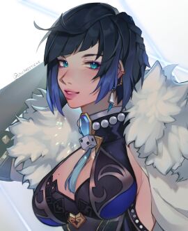 aqua_eyes artist_name black_bodysuit black_hair blue_gemstone blue_hair bodysuit breasts chicheesticks coat diagonal_bangs dice earclip earrings english_commentary eyeshadow female fur-trimmed_coat fur_trim gem genshin_impact gradient_hair halterneck hand_on_own_head hand_up highres hoyoverse hoyoversegenshin_impact jewelry large_breasts looking_at_viewer makeup mihoyo mihoyo_technology_(shanghai)_co._ltd. mole mole_on_breast multicolored_hair necklace open_clothes open_coat pearl_necklace pendant pink_lips purple_eyeshadow short_hair simple_background smile solo tassel teeth triangle_earrings upper_body white_background white_coat yelan_(genshin_impact)