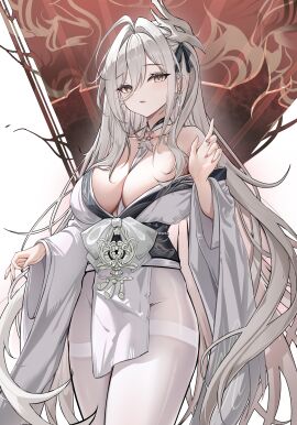 azur_lane bare_shoulders between_breasts breasts cg cleavage cowboy_shot female grey_hair hair_between_eyes hair_ornament hakuhou_(azur_lane) japanese_clothes jewelry kimono large_breasts long_hair long_sleeves looking_at_viewer off_shoulder pantyhose parted_lips pelvic_curtain sash solo standing thighband_pantyhose very_long_hair white_hair white_pantyhose wide_sleeves yellow_eyes