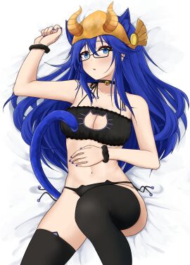 1girls 2d arina_azuma blue_eyes blue_hair cat_ears cat_legwear cat_lingerie cat_tail collar eternalrainbows female glasses horns looking_at_viewer on_back roblox roblox_avatar robloxian tagme thighhighs valkyrie_helm