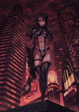 abs black_hair city cyberpunk female female_only latex latex_clothing latex_suit light-skinned_female light_skin long_hair looking_down muscular muscular_female original original_character satyrsatyr scar shadowrun tagme toned_stomach weapon