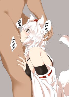 1boy absurdres animal_ear_fluff animal_ears black_bridal_gauntlets blush breasts bridal_gauntlets brown_eyes clothed_female_nude_male commentary_request dashed_eyes deepthroat detached_sleeves fellatio female grey_background hand_on_another's_head hat highres houkai_(collapse_illust) inubashiri_momiji irrumatio large_breasts male momiji_inubashiri nude open_mouth oral penis pom_pom_(clothes) red_hat ribbon-trimmed_sleeves ribbon_trim shirt short_hair sideboob simple_background sleeveless sleeveless_shirt solo_focus straight tail tearing_up tokin_hat touhou uncensored upper_body white_hair white_shirt white_sleeves wolf_ears wolf_girl wolf_tail