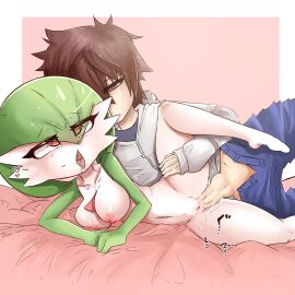 ahe_gao akatosh_el_shota_furro balls big_breasts breasts brown_hair cum cum_in_pussy cum_inside eyes_visible_through_hair female gardevoir hair hi_res human humanoid looking_pleasured male nipples on_bed open_mouth pokemon pokemon_(species) pussy pussy_juice spread_legs thick_thighs tongue tongue_out