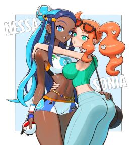 2girls alternate_version_available aqua_eyes aqua_shirt ass bag belly_chain bikini black-framed_eyewear black_hair blue_eyes blue_hair blush breasts character_name clothed clothed_female crop_top dark-skinned_female dark_skin datinsl dattosan ddaatt33 duo earrings english_text eyewear_on_head female female_focus female_only game_freak gloves green_eyes hair_bun hair_ornament hair_tied hair_tied_back hand_on_ass hand_on_butt heart heart_hair_ornament highres holding_object hoop_earrings jewelry large_breasts long_hair looking_at_viewer multicolored_hair multiple_females multiple_girls navel nessa_(pokemon) nintendo no_sex numbers open_mouth orange-tinted_eyewear orange_hair pants pokeball pokemon pokemon_ss ribbed_shirt sfw shirt side_ponytail single_glove single_hair_bun smile sonia_(pokemon) standing suggestive_pose sunglasses swimsuit tankini tinted_eyewear two-tone_hair white_text