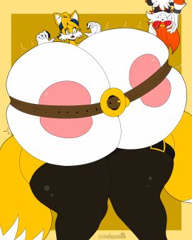 absurd_res anthro areola belt belt_bra belted_breasts big_breasts blue_eyes breasts canid canine cinderace clothing duo eyewear eyewear_on_head female fox genderswap genderswap_(mtf) generation_8_pokemon gloves goggles goggles_on_head hair handwear hi_res huge_breasts huge_thighs hyper hyper_breasts legwear male male_(lore) mammal mtf_crossgender multicolored_body nintendo nipples open_mouth orange_hair pink_areola pokemon pokemon_(species) rule_63 sega sonic_(series) sonic_the_hedgehog_(series) stemingbunbun sunglasses tails tails_the_fox tailsko thick_thighs thigh_highs two-tone_body white_body