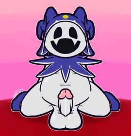 2024 2_horns atlus balls black_eyes blue_clothing blue_footwear blue_hat blue_headwear blue_shoes bodily_fluids clothing demon erection fangs footwear front_view genital_fluids genitals glans hat headgear headwear horn humanoid humanoid_genitalia humanoid_penis jack_frost_(megami_tensei) kneeling male megami_tensei mostly_nude no_pupils open_mouth overweight overweight_humanoid overweight_male penis pink_background pink_glans precum sega sharp_teeth shoes simple_background solo teeth ultilix what white_balls white_body white_penis