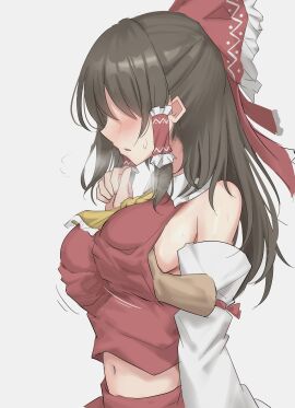 1girls ascot backboob blush bow breasts breath brown_hair collared_vest female frilled_bow frilled_hair_tubes from_side grabbing grabbing_another's_breast grabbing_from_behind groping hair_tubes hairbow hakurei_reimu hand_under_clothes hand_up heavy_breathing highres long_hair long_sleeves medium_breasts open_mouth red_bow red_skirt red_vest reimu_hakurei sidelocks simple_background skirt solo steam sweat touhou upper_body white_background youmu-kun