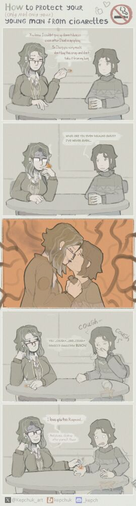 1boy 1girls age_difference black_eyes cigarette_burn comic dialogue female glasses green_hair grey_hair incest kepchuk kiss kissing male mature_female milf mother mother_and_son nettle_root_(kepchuk) no_sex parent raymond_root_(kepchuk) sadism self_upload sitting smoking