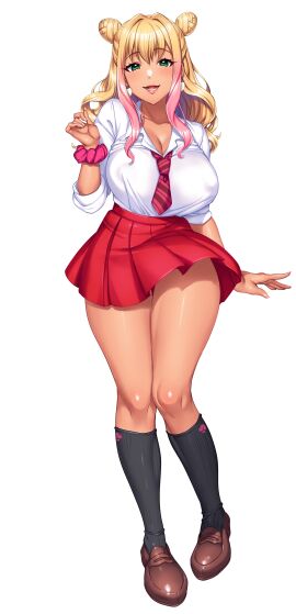 1girls absurd_res absurdres alpha_channel arm_at_side breasts cleavage covered_erect_nipples double_bun feet female female_focus female_only for_sticker_use full_body gal game_cg gyaru gyaru_gal hair_bun hair_ornament hair_scrunchie hand_up hi_res hidaka_manatsu highres kan'ochi_x_netorare_kazoku_~anata yurushite._watakushi-tachi uwaki_sex_ni_honki_de_hamacchatta_no~ kanochi_x_netorare_kazoku_the_animation kneehighs knees_together_feet_apart kuro_gyaru large_breasts legs long_hair looking_at_viewer minamoto_(mutton) multicolored_hair necktie open_mouth original png red_skirt school_uniform scrunchie shoes skirt smile socks solo standing sticker_template tachi-e tan thighs transparent_background transparent_png two-tone_hair wide_hips
