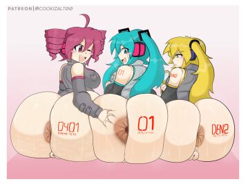 3girls accurate_art_style aerolae akita_neru anus anus_focus ass ass_bigger_than_head ass_focus ass_grab ass_marks ass_row big_ass blue_hair butt_focus cookizalt00 cookizzz222 detailed_anus female hatsune_miku huge_anus huge_ass kasane_teto markings nervous_smile only_girl patreon patreon_logo red_hair sitting triple_baka_(vocaloid) vocaloid wrinkly_anus yellow_hair