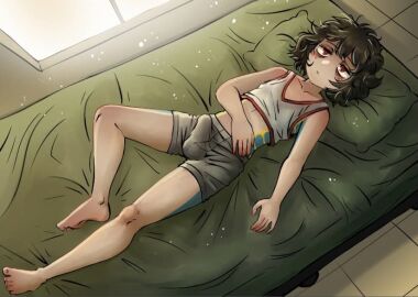 1boy artist_request bedroom erection feet femboy male original_character tagme underwear