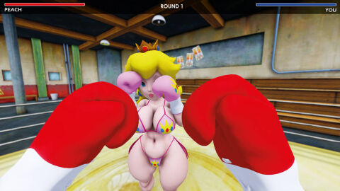 1boy 1girls 3d big_breasts bikini blonde_hair boxing boxing_gloves boxing_ring breasts crown curvy curvy_female earring female female_focus fight fighting fighting_stance gameplay_mechanics lips male male_pov mario_(series) mixed_boxing mmd pink_bikini pink_boxing_gloves pov princess princess_peach red_boxing_gloves swimsuit thighs ultimabox