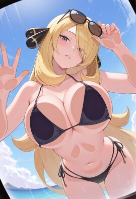 1girl 1girls ai_generated bangs beach bikini black_bikini blonde_hair blue_sky blush breast_press breasts cleavage cloud cynthia_(pokemon) day eyewear_on_head grey_eyes hair_ornament hair_over_one_eye large_breasts long_hair looking_at_viewer navel ocean outdoors owari_wan parted_lips pokemon pokemon_dppt side-tie_bikini sky smile solo sunglasses swimsuit