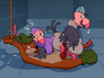 accipitriform argon_vile avian balls bird blush bondage bound canid canine clothing dialogue disney dungeon english_text erection footwear footwear_only fox genitals grinding group hat hat_only headgear headgear_only headwear headwear_only hi_res hot_dogging imminent_anal knot male male/male mammal mostly_nude nervous nutsy_(robin_hood) orgasm_denial penis penis_grab robin_hood robin_hood_(disney) rope sex shoes shoes_only teasing text trigger_(robin_hood) trio vulture wrists_tied