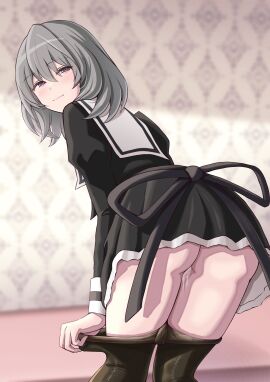 ass assault_lily black_pantyhose black_skirt blurry blurry_background blush chin_gero clothes_pull commentary_request cropped_jacket cum cum_in_pussy cumdrip feet_out_of_frame female from_behind grey_hair hair_between_eyes half-closed_eyes hata_matsuri high-waist_skirt highres implied_after_sex indoors juliet_sleeves leaning_forward light_smile long_sleeves looking_at_viewer looking_back medium_hair no_panties pantyhose pantyhose_pull puffy_sleeves pulled_by_self purple_eyes pussy school_uniform skirt solo standing yurigaoka_girls_academy_school_uniform