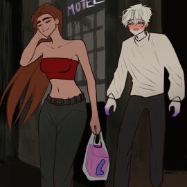 1boy 1girls alien_stage blush breasts clothed clothed_female clothed_male cyanosis dildo female fully_clothed gigibabe1234 hyuna_(alien_stage) long-haired_female long_hair luka_(alien_stage) male midriff motel navel sex_toy shopping_bag staring vivinos