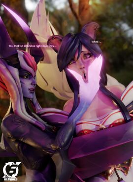 2girls 3d ahri animal_ears black_hair demon evelynn face_grab face_squish female femdom fox_ears grabbing_face league_of_legends otaviox6 riot_games shocked_expression succubus text vastaya yellow_eyes