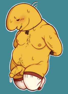 1boy 2d adult_swim ambiguous_species anthro artist_request balls belly blush body_hair bondage bound charlie_(smiling_friends) chest_hair chubby chubby_male cross_necklace digital_media embarrassed erection full_body grin hairy_balls hands_tied happy_trail looking_down male male_only moobs necklace overweight overweight_male penis precum precum_drip pubic_hair rope rope_bondage simple_background smiling_friends solo sweat testicles thigh_socks thighhighs tied_up yellow_body yellow_skin