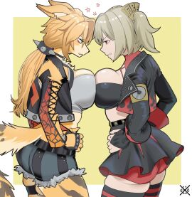 2girls akiman_pose animal_ear_fluff animal_nose anthro ass blonde_hair breast_contest breast_press breasts burnice_white cat_girl cat_humanoid catfight catgirl confrontation eye_contact face-to-face feline feline_humanoid female fit fit_female furry furry_female green_eyes highres large_breasts long_hair looking_at_another multiple_females multiple_girls pulchra_(zenless_zone_zero) pulchra_fellini red_eyes rivalry shorts snout staredown symmetrical_docking tail x_e11e zenless_zone_zero