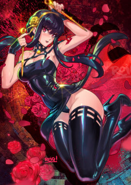 1girls arms_up black_hair female female_only hair_ornament high_heels latex latex_clothing looking_at_viewer petals red_eyes reiq rose_(flower) shiny_clothes solo solo_female solo_focus spikes spy_x_family thigh_boots thorn_princess yor_briar