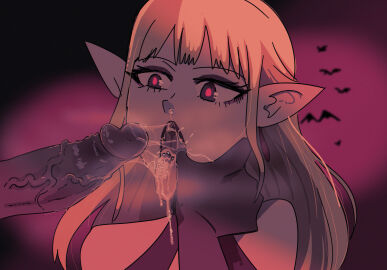1boy 1girls blonde_hair dark-skinned_male dark_skin female female_focus finger_in_mouth hasselnut hi_res long_hair looking_at_penis male open_mouth oral original penis pointy_ears red_eyes rosabelle_(hasselnut) saliva saliva_drip sloppy tongue vampire vampire_girl veiny_penis wolfgang_bang