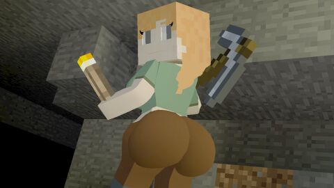 1girls 3d alex_(minecraft) ass big_ass bubble_ass bubble_butt cave female looking_at_viewer looking_back massive_ass minecraft pickaxe pov skulltronprime969 torch