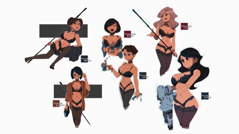 6girls big_breasts black_hair bra breasts brown_hair clothing female glasses grey_hair holding_object holding_weapon light-skinned_female light_skin lingerie lingerie_only long_hair mature_female multiple_females multiple_girls necklace original original_artwork original_character pant panties short_hair simple_background tan_body tan_skin thedansandoval
