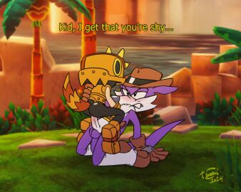 1boy 1girls 2d 2d_animation animated anthro armor ass balls bonk_(sound_effect) clothing cowboy_hat cowgirl_position dialogue duo english_text erection fang_the_hunter fang_the_sniper female female_on_top fur genitals gif hat headgear headwear helmet male masked masked_female penis purple_body purple_fur riding sega sex shy sonic_(series) sonic_the_hedgehog_(series) sub_on_top subtitled tabooki text trip_the_sungazer