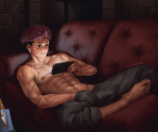 bludwing half_naked hand_in_pants itadori_yuuji jujutsu_kaisen male male_focus male_only masturbation penis phone solo_male watching_porn yaoi