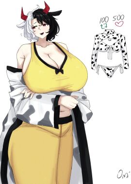 1girls animal_ears big_breasts breasts cleavage clothed_female cow_ears cow_girl cow_print cow_print_bikini female horns huge_breasts light-skinned_female light_skin mature_female omikami red_eyes solo solo_female touhou twitter two-tone_hair urumi_ushizaki watermark white_background