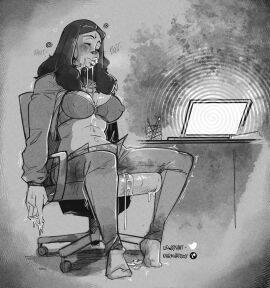 1girls 2022 2d after_masturbation after_orgasm asleep black_hair blush blush_lines bra breasts chair cleavage closed_eyes clothed clothing computer dark_hair darkhatboy desk drool drool_on_breasts drool_string drooling female female_only genital_fluids grey_background greyscale hi_res hypnosis hypnotic_screen laptop lips long_hair long_sleeves masturbation medium_breasts messy nipple_bulge nipples nipples_visible_through_clothing office_chair original original_character panting pants passed_out pussy pussy_juice pussy_juice_drip pussy_juice_on_hand pussy_juice_string screen sitting sitting_on_chair sleeping socks solo solo_female sweat sweating sweaty unconscious