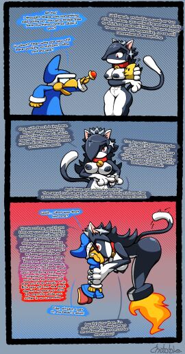 after_transformation black_body black_hair bullet bullet_bill cat_bullet_bill cat_ears cat_girl cat_tail catgirl chabble comic crown dialogue earrings face_to_face faking_experience female fire glasses kamek mario_(series) post-transformation princess_rosalina red_eyes super_mario_bros. threatening transformation