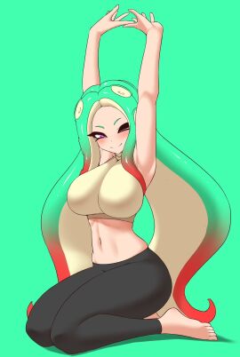 big_breasts breasts female light-skinned_female light_skin long_hair nintendo nobunagapero octoling octoling_girl perotako_chan_(nobunagapero) pink_eyes splatoon stretching tentacle_hair turquoise_hair