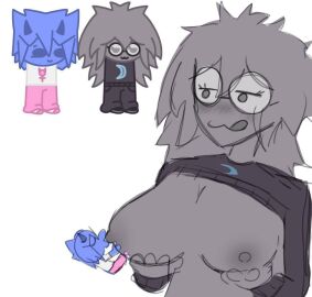 2girls :3 artist_request big_breasts black_topwear blue_body blue_hair blush blush_lines blushing blushing_at_partner breast_sucking breasts breasts_out clothed female female_only glasses grey_body grey_eyes grey_hair grey_nipples half-dressed holding_breast homestuck homestuck_oc horns long_hair looking_at_partner medium_hair multiple_females multiple_girls oc original_character original_characters pink_legwear size_difference solo_focus sweater tagme titfuck_under_clothes tits tongue tongue_out white_topwear yuri